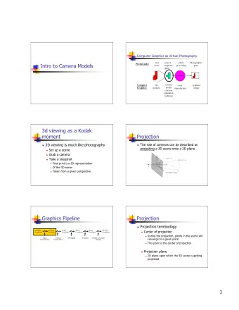 Intro to Camera Models  Photography:  scene  (captures  processing  print  light)  processing