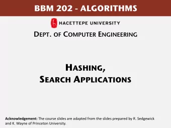 H ASHING , S EARCH A PPLICATIONS Acknowledgement: The course slides are adapted from the slides