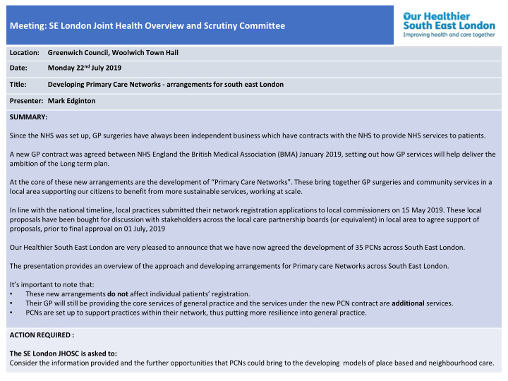 meeting se london joint health overview and scrutiny