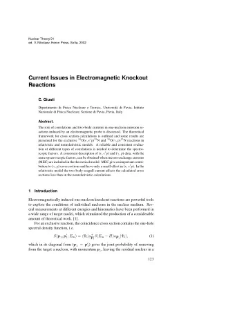 Current Issues in Electromagnetic Knockout  Reactions  C. Giusti  Dipartimento di Fisica Nucleare e