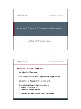 PRESENTATION OUTLINE  Introduction/Overview  Due Diligence and Sales Agreement Negotiation