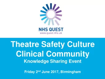 Theatre Safety Culture  Clinical Community  Knowledge Sharing Event Friday 2 nd June 2017,