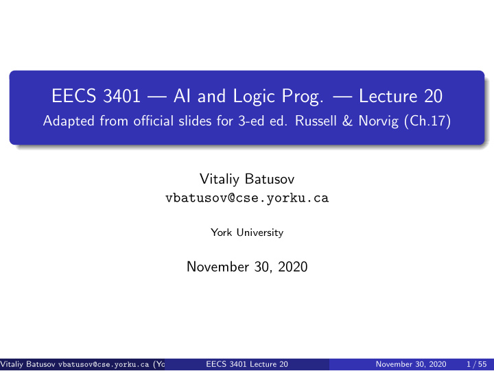 eecs 3401 ai and logic prog lecture 20