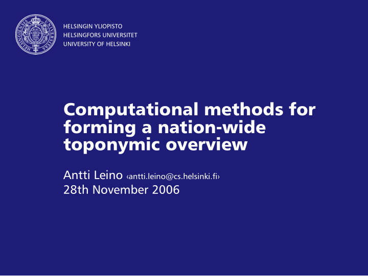 computational methods for forming a nation wide toponymic