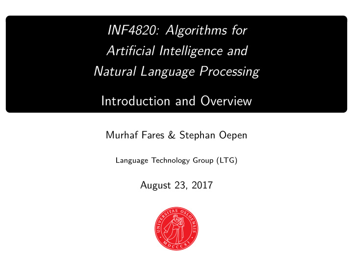 inf4820 algorithms for artificial intelligence and