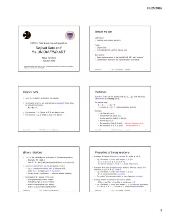 Disjoint Sets and    Disjoint sets    The UNION-FIND  ADT for disjoint sets  the UNION-FIND