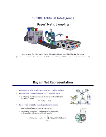 CS 188: Artificial Intelligence  Bayes Nets: Sampling  Instructors: Dan Klein and Pieter Abbeel