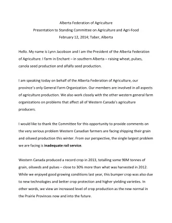 Alberta Federation of Agriculture Presentation to Standing Committee on Agriculture and Agri