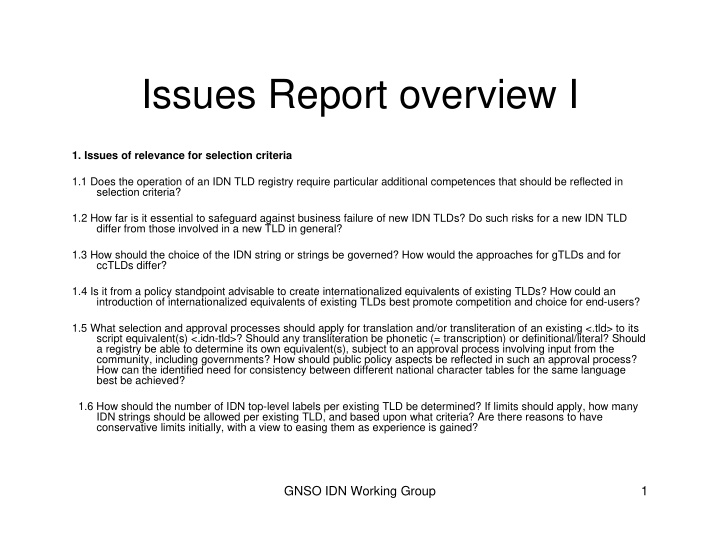 issues report overview i