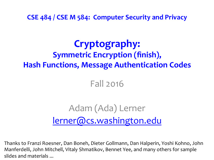 cryptography symmetric encryption finish hash functions
