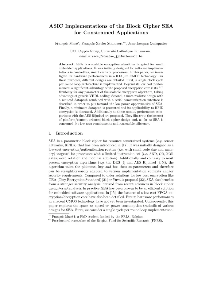 asic implementations of the block cipher sea for