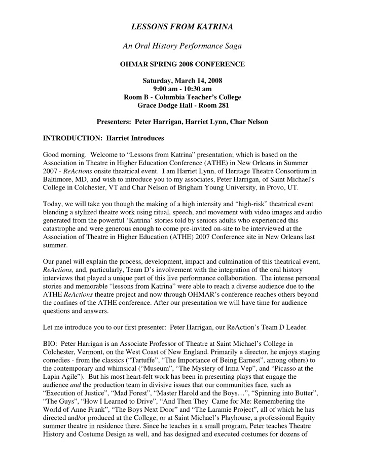 lessons from katrina an oral history performance saga