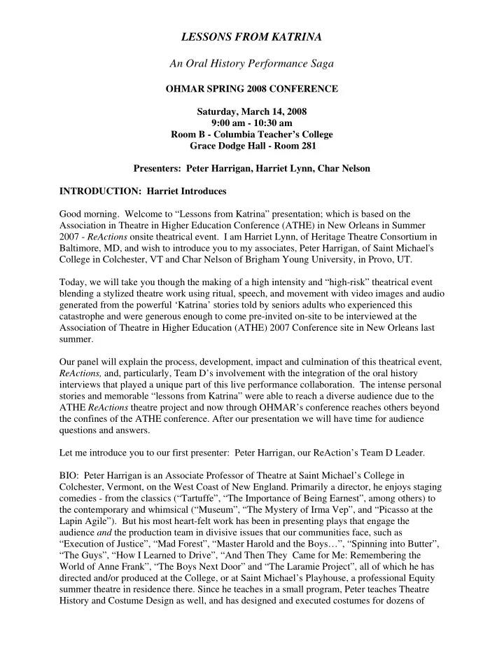 lessons from katrina an oral history performance saga