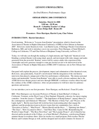 LESSONS FROM KATRINA  An Oral History Performance Saga  OHMAR SPRING 2008 CONFERENCE  Saturday,