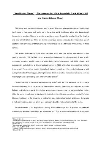 You Hunted Slaves  1 : The presentation of the krypteia in Frank Millers 300 and Kieron