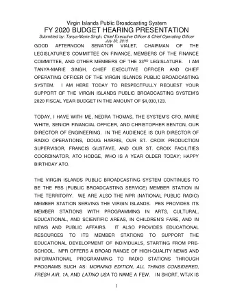 FY 2020 BUDGET HEARING PRESENTATION Submitted by: Tanya-Marie Singh, Chief Executive Officer &amp;