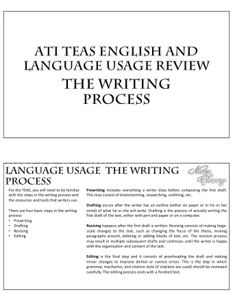 THE WRITING  PROCESS  ATI TEAS ENGLISH AND  LANGUAGE USAGE THE WRITING  PROCESS  For the TEAS, you