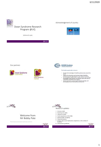 Welcome from  4. Family experiences of the NDIS  Mr Bobby Pate  5. Mental health and ageing  6.