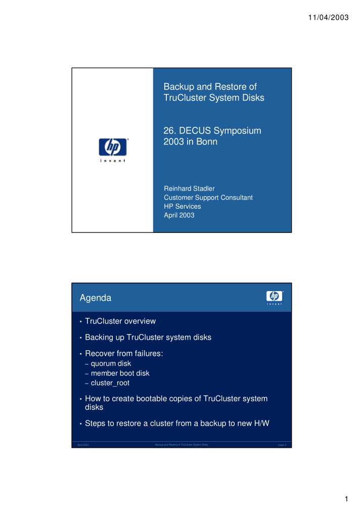 backup and restore of trucluster system disks 26 decus