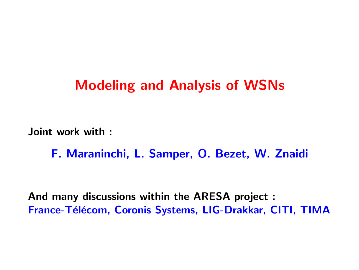 modeling and analysis of wsns