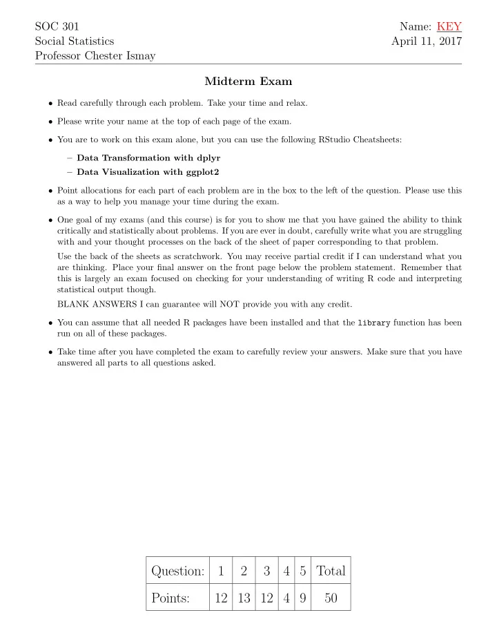 question 1 2 3 4 5 total points 12 13 12 4 9 50 soc 301