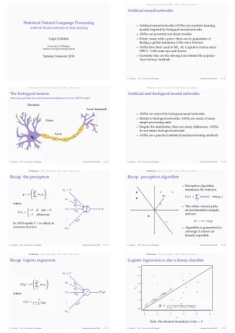 Statistical Natural Language Processing  Recap: perceptron algorithm  CNNs  Deep ANNs  ANNs