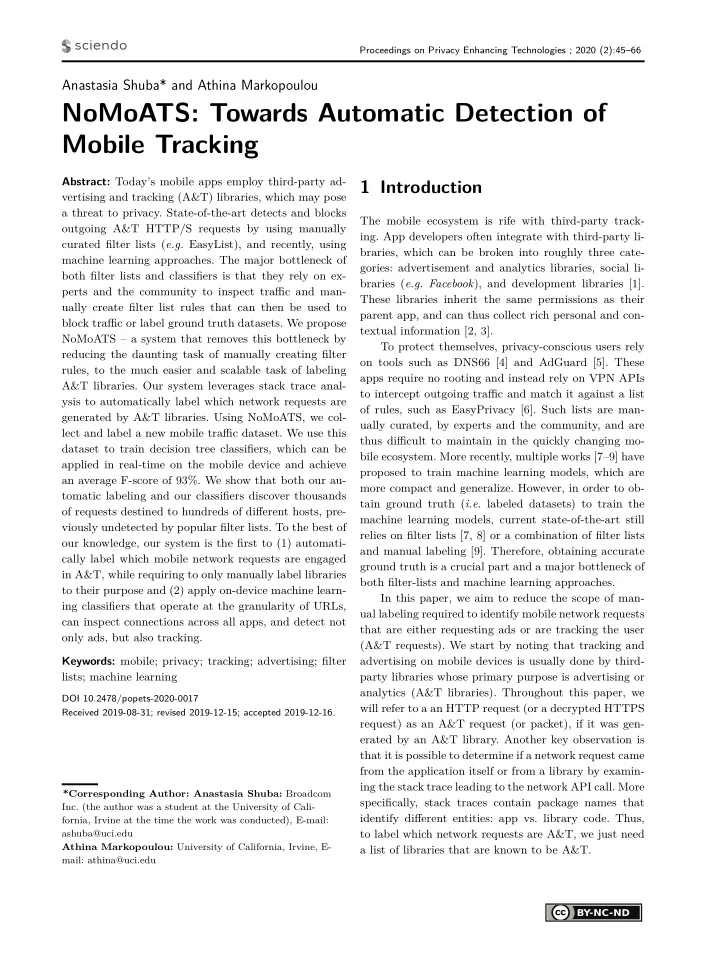 nomoats towards automatic detection of mobile tracking