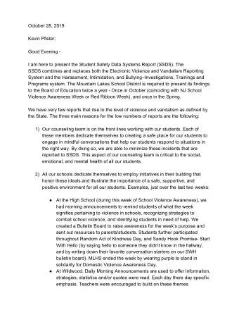 October 28, 2019  Kevin Pfister:  Good Evening -  I am here to present the Student Safety Data