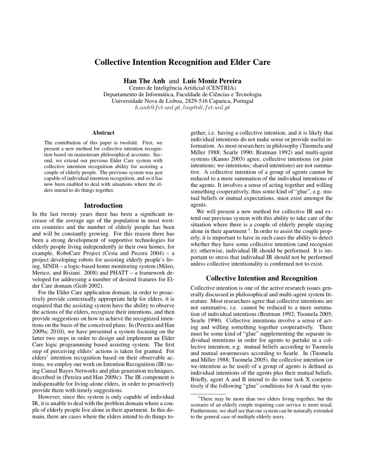 collective intention recognition and elder care