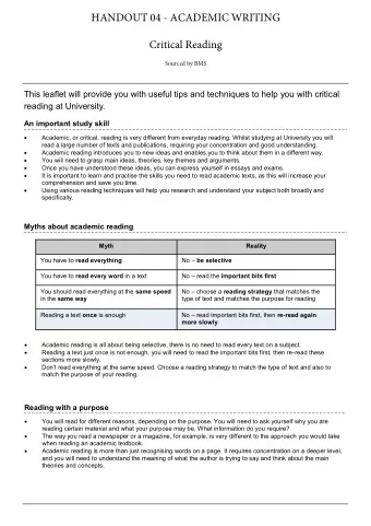 HANDOUT 04 - ACADEMIC WRITING Critical Reading  This leaflet will provide you with useful tips and