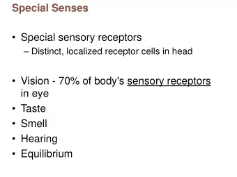Special Senses  Special sensory receptors  Distinct, localized receptor cells in head