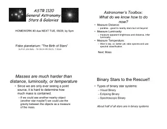 Masses are much harder than  Binary Stars to the Rescue!!  distance, luminosity, or temperature