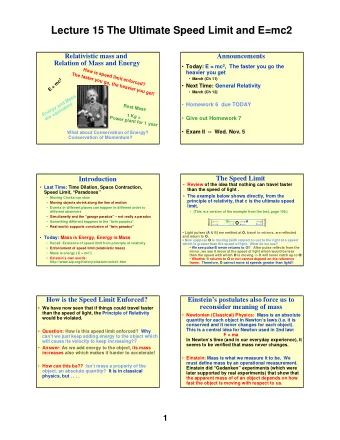 Lecture 15 The Ultimate Speed Limit and E=mc2  Relativistic mass and  Announcements  Relation of