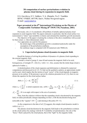 3D computation of surface perturbations evolution in  plasma cloud during its expansion in magnetic