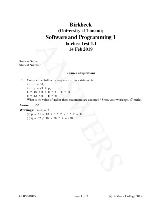 A  In-class Test 1.1  14 Feb 2019  N  Student Name  Student Number  Answer all questions  S  1.
