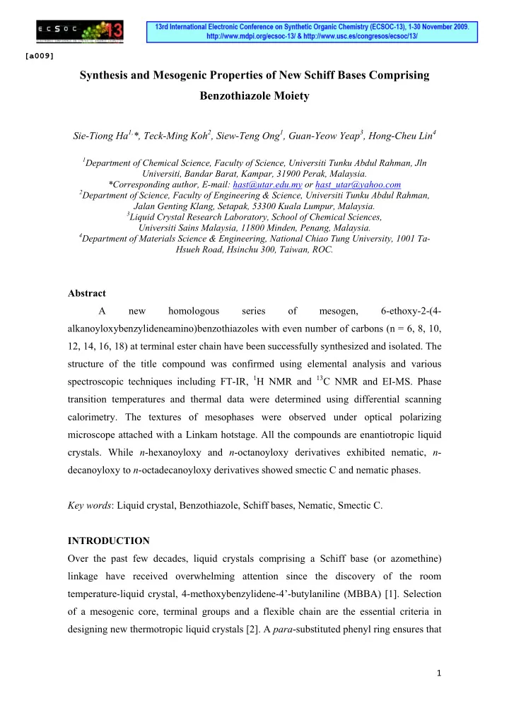 synthesis and mesogenic properties of new schiff bases