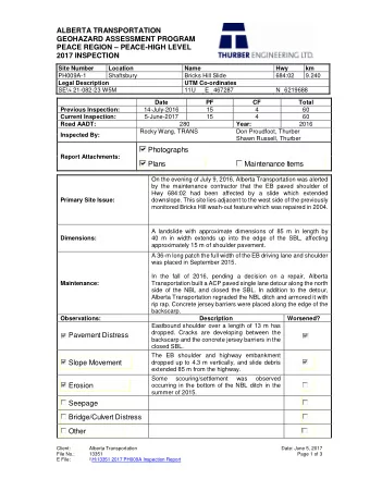 Maintenance Items  On the evening of July 9, 2016, Alberta Transportation was alerted  by the