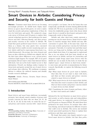 Smart Devices in Airbnbs: Considering Privacy  and Security for both Guests and Hosts Abstract: