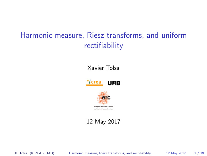 harmonic measure riesz transforms and uniform