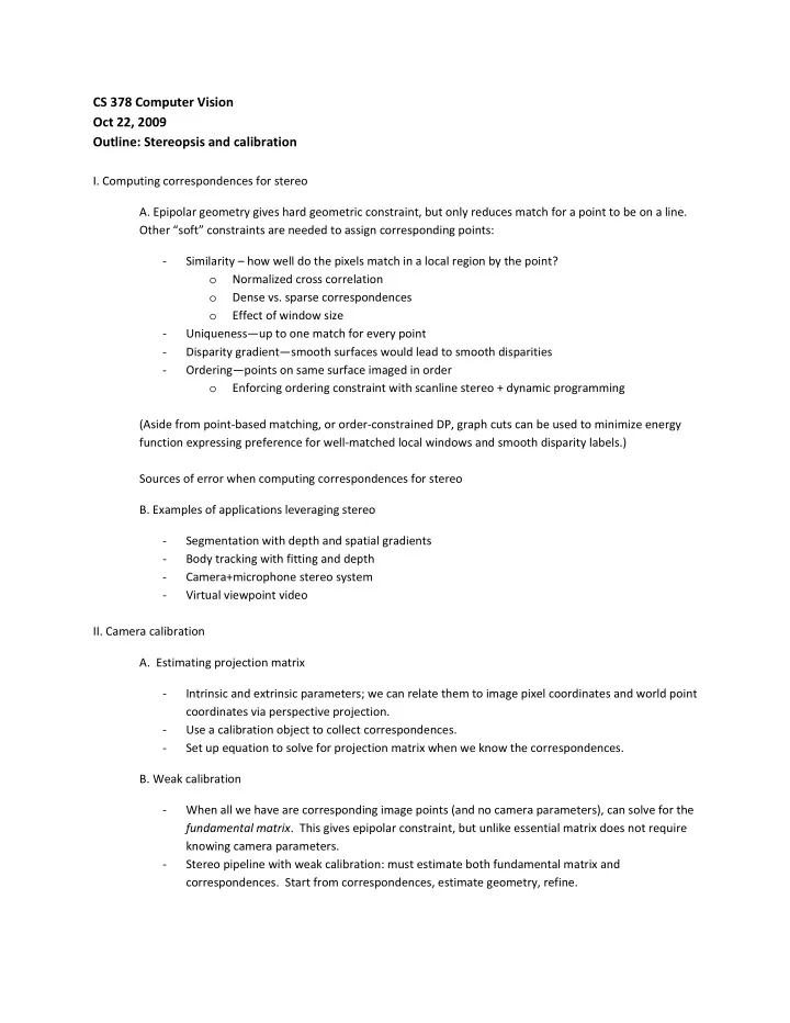 cs 378 computer vision oct 22 2009 outline stereopsis and