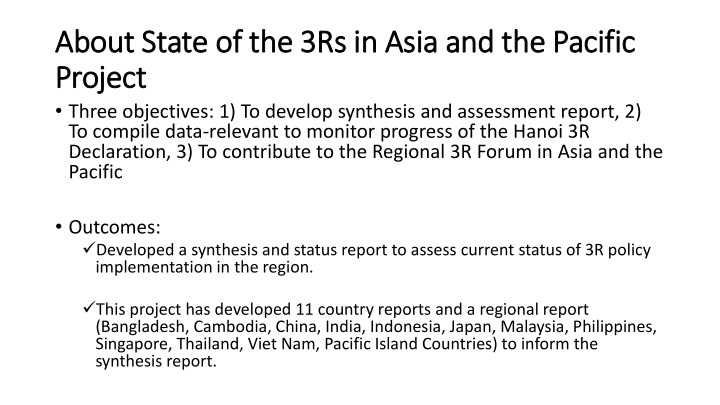 about state of f the 3rs in asia and the pacific project