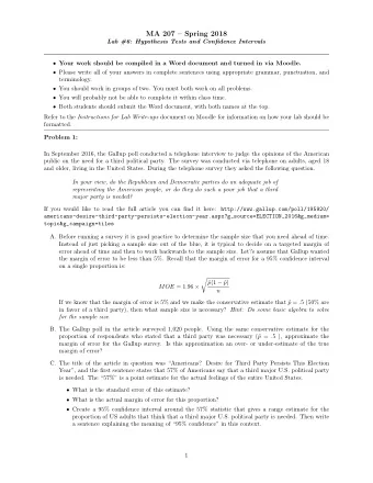 MA 207  Spring 2018  Lab #6: Hypothesis Tests and Confidence Intervals  Your work should be