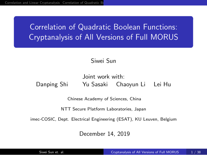 correlation of quadratic boolean functions cryptanalysis