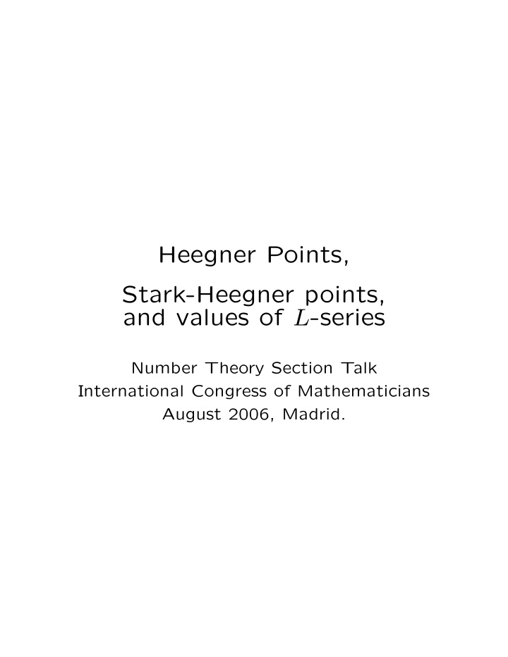 heegner points stark heegner points and values of l series