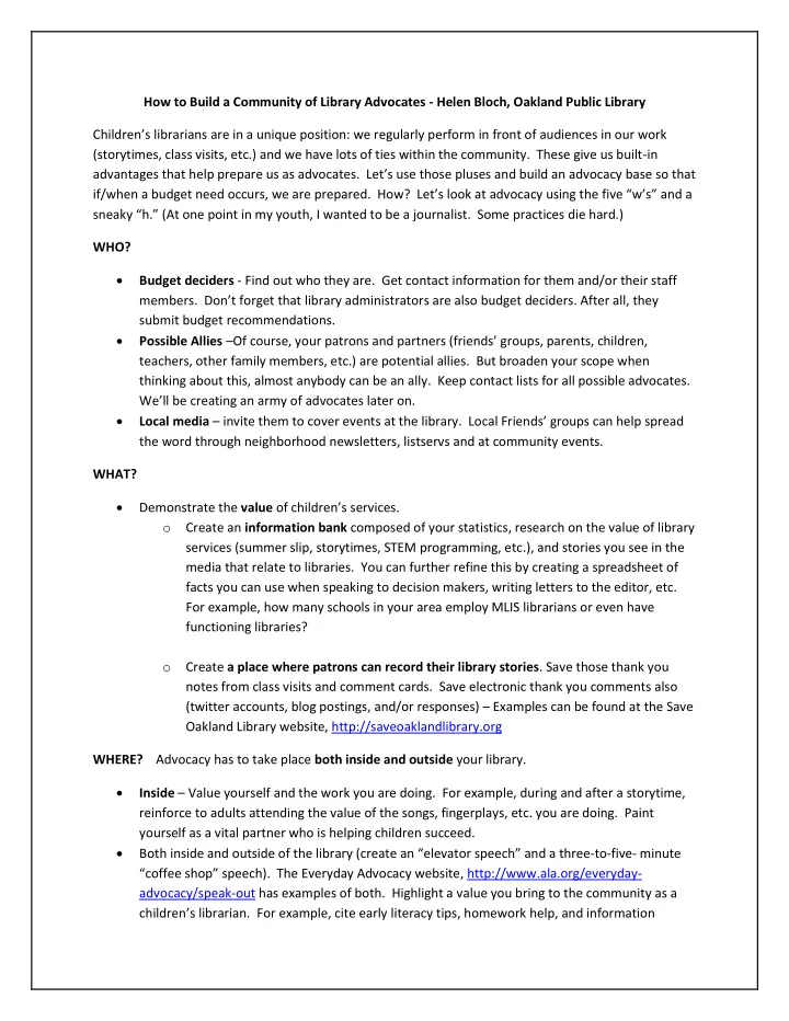 how to build a community of library advocates helen bloch