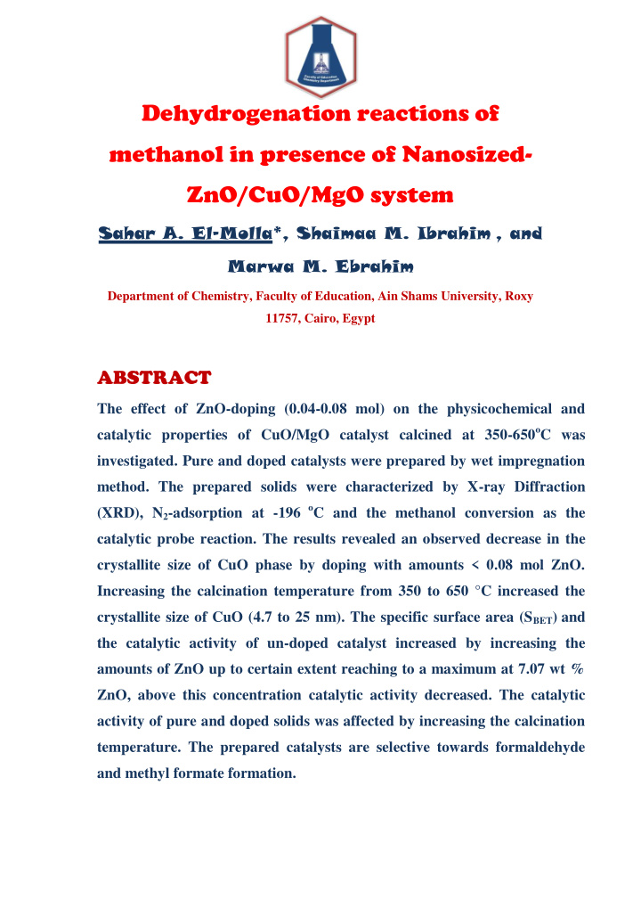 dehydrogenation reactions of methanol in presence of