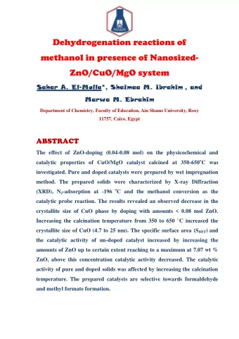Dehydrogenation reactions of  methanol in presence of Nanosized-  ZnO/CuO/MgO system Sahar A.