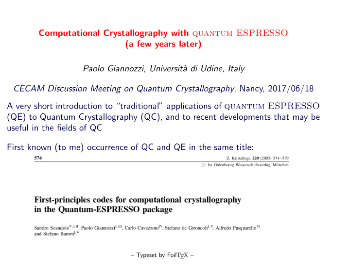 computational crystallography with quantum espresso a few