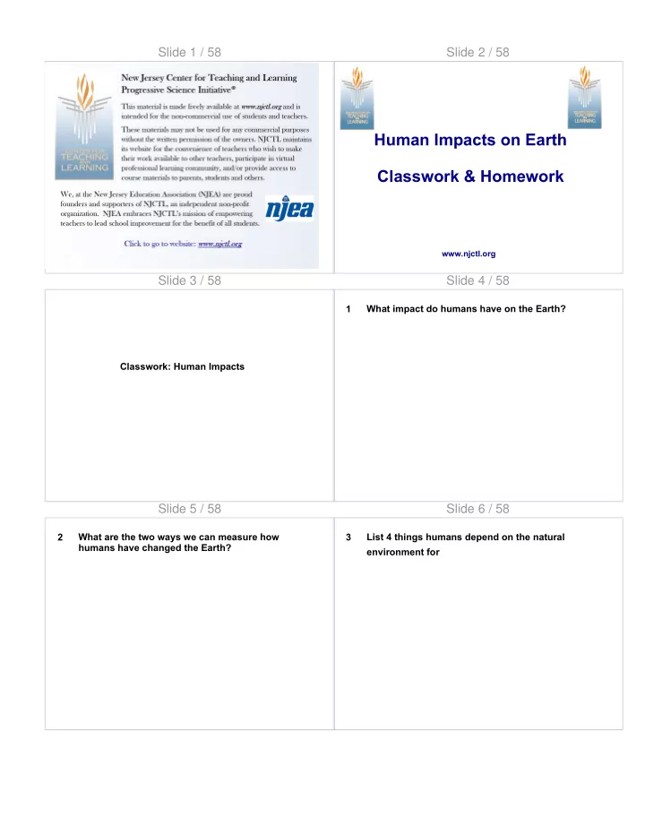 human impacts on earth classwork homework