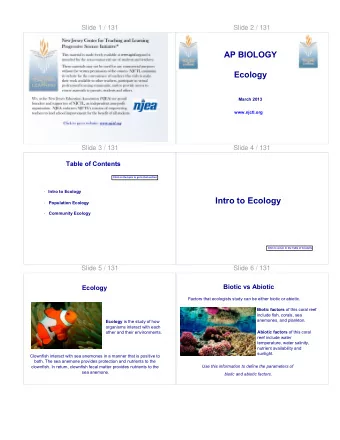 Intro to Ecology  Population Ecology    Community Ecology    Click to return to the Table of